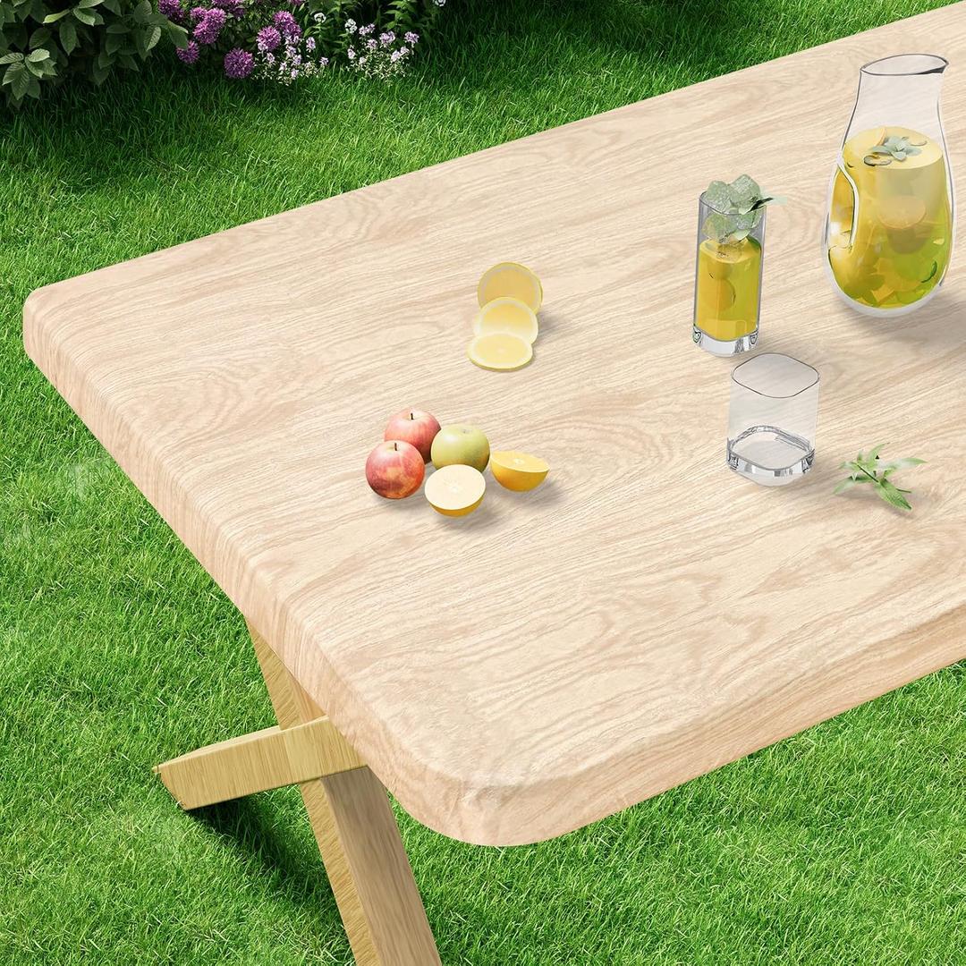 misaya Rectangle Vinyl Tablecloth, Fitted Table Cover, Waterproof, Elastic Edge, Plastic Table Cloth Fit 8 Foot Folding Tables for Picnic, Indoor and Outdoor (Wood, 30 x 96 inch) (Original)