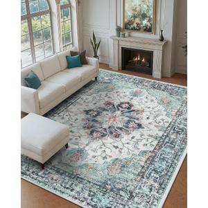 Area Rugs 9'x12' Washable Non-Slip, Floral Vintage Distress Print Pattern Medallion Carpet for Living Room Bedroom Dining Room, Green Navy Blue White Red Teal Colorful