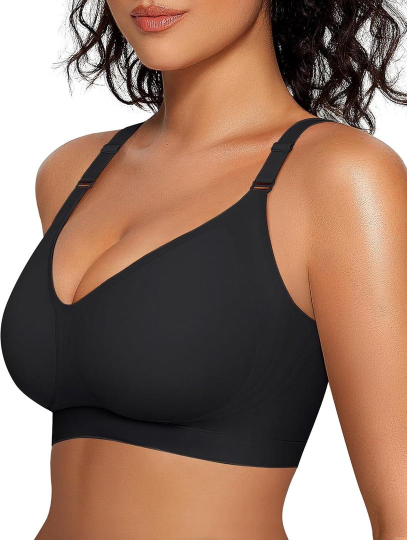 OEAK Womens Seamless Bras Comfortable Bra No Underwire Full Support Bralette Push Up Plus Size V Neck Sleeping Tshirt Bras (XX-Large, Black)