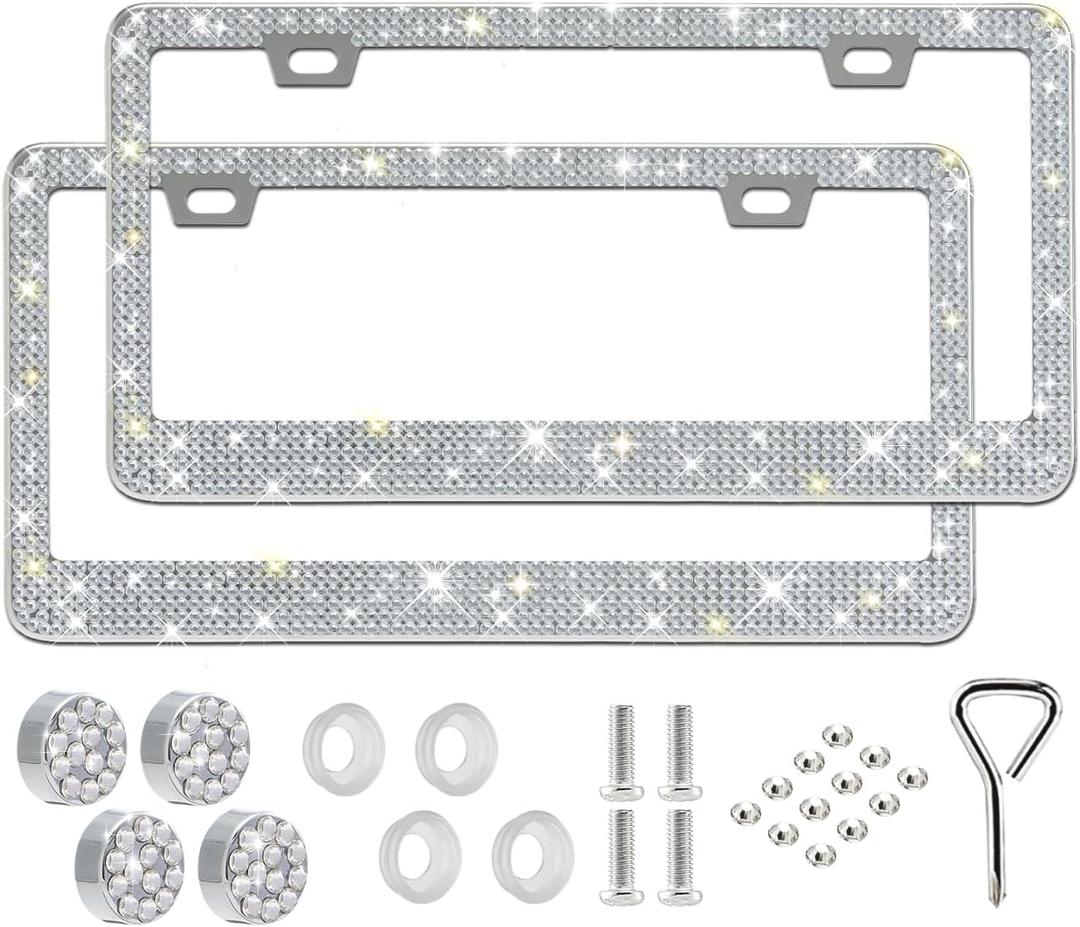 Runone 2 Pack Bling License Plate Frame for Women,Sparkly Rhinestone Stainless Steel License Plate Holder,Car Accessories with Glitter Crystal Caps (White)