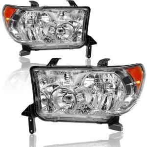 Headlight Assembly for 2007-2013 Toyota Tundra & 2008-2017 Toyota Sequoia 2PC Replacements Headlamp Chrome Housing Amber Reflector