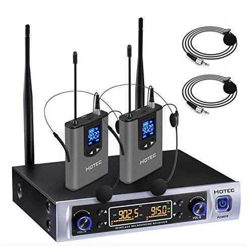 HOTEC UHF Wireless Microphone System with Dual Lapel/Lavalier and Headset Microphones Over PA, Mixer, Speaker, Karaoke Machine for Church, Training, Classroom, Interview (H-K25)