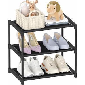 3 Tier Small Shoe Rack, Narrow Stackable Kids Toddler Adult Shoe Storage Organizer Shelf for Closet Floor Front Door Entrance Entryway, Free Standing Shoe Rack Organization Shelves