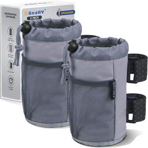 GEARV 2Pack Cup Holder for Bike, Scooter and Wheelchair, Water Bottle Holder for UTV/ATV, Walker, Golf Cart and Beach, Universal Drink Holder Accessories with Net Pocket and Cord Lock (Gray)