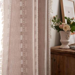 Deeprove Boho Curtain 96 inches Long for Living Room Bedroom Nursery, Breathable Coffee Linen Sheer 96 inches Length Tassel Stripe Embroidery Privacy Window Treatment W52 x L96, 1 Panel Natural