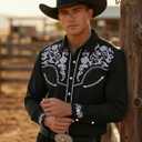 Men's Cowboy Shirt Embroidered Western Shirts Long Sleeve Slim Fit Button Down Shirt Casual Work Country Rodeo Outfit