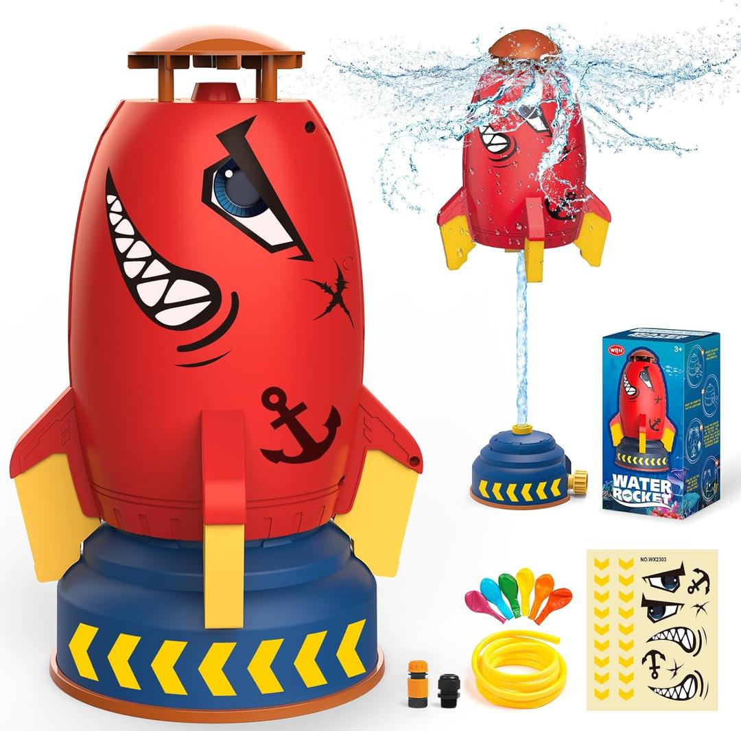 Outdoor Water Toys Rocket Sprinkler for Kids, DOLNOW Rocket Water Powered Liftoff 3 to 12ft Rotate, Summer Backyard Water Play Toys Birthday Gift for Girl Boys Age 3 to10 Years(With 3/4" Hose Adapter)
