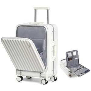 Somago Carry on Luggage Front Open 22x14.56x9.25 Airline Approved Lightweight Suitcase with Cup Holder and USB Port Aluminum Frame Polycarbonate Spinner Hard Suitcase with TSA Lock (White)