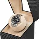 Automatic Single Watch Winder for Rolex and Other Luxury Watches - Premium Black Carbon Fiber Leather, Japanese Quiet Motor, Battery Powered or USB Powered, Gift for Men & Women