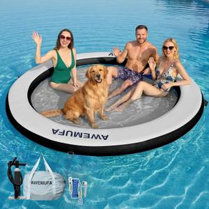 AWEMUFA 8ft Water Hammock 8 inches Thick Round Float Ring with Mesh Lake Floats for Adults Heavy Duty Circle Floating Mat for Pool Inflatable Water Raft for Summer Parties