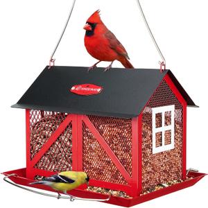 Kingsyard Metal Bird Feeder for Outdoors Hanging, 2-in-1 Wild Bird Feeder with Seed Tray & Built-in Perch, 5 lb Large Capacity for Cardinal Chickadee Finch, Red