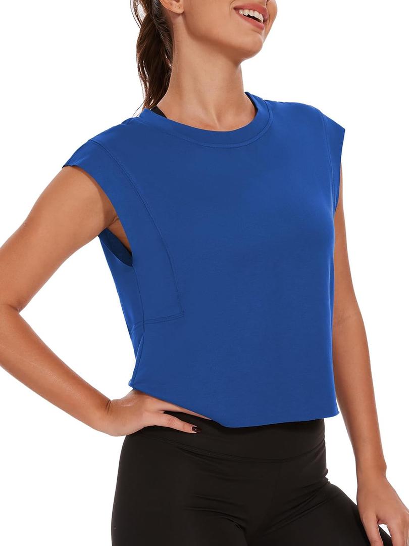 Womens Workout Crop Tank Tops Loose Sleeveless Summer T Shirts Oversize Active Yoga Gym Tee Y2k (Blue, XL)
