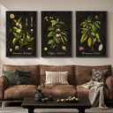 Large Vintage Framed Botanical Wall Art for Living Room, 3 Piece Dark Green Plant Canvas Paintings Prints, Retro Coffee Botanical Leaf Pictures for Dining Room Coffee Bar Kitchen Wall Decor, 24x36 In