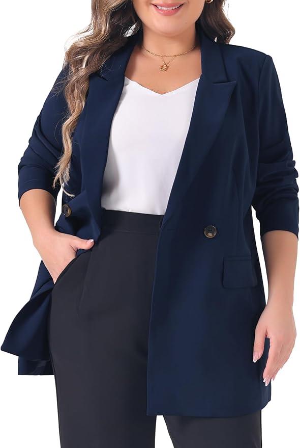Agnes Orinda Plus Size Blazers for Women Lapel Button Work Business Casual Outfits Dressy Suit Jacket Blazer (Blue, XXL)
