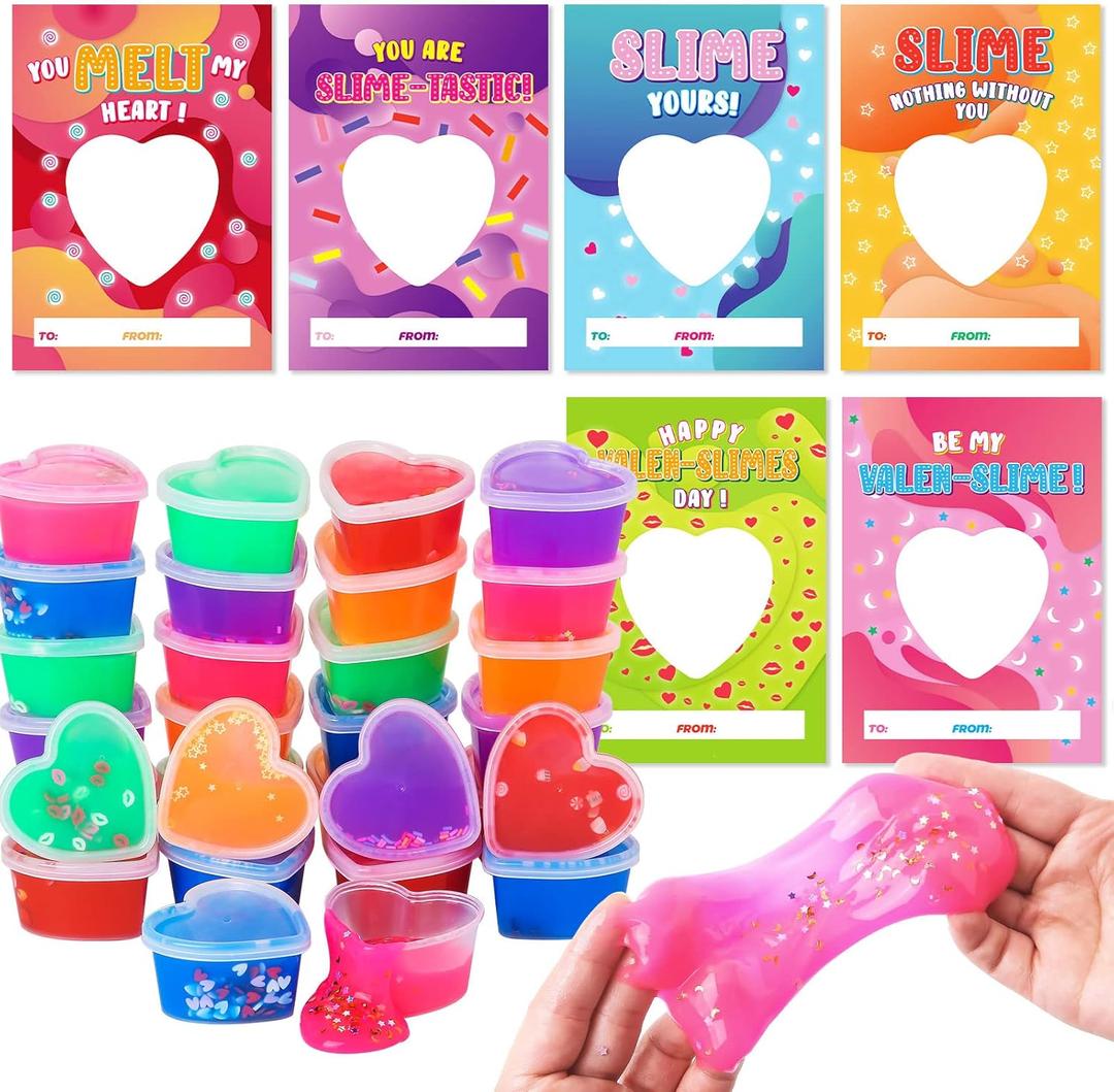 OCHIDO Valentines Day Cards for Kids- 30 Set of Heart Shape Slime with Valentines Greeting Cards - Valentine Exchange Gifts for kids ,School Event /Classroom Prizes,Valentine's Party Favors