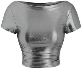 RoseSeek Women's Metallic T-Shirt Short Sleeve Round Neck Tee Ruched Crop Tops Y2k Fitted Shirts (Silver, M)