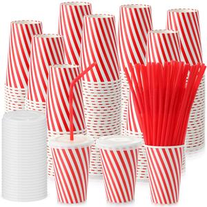 100 Set Red Stripe Paper Cups Bulk with Lids and Straws Disposable Paper Cups for Circus Carnival Party 12 oz Drinking Birthday Supplies for Coffee Juice (Twill)