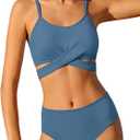 AGERWAY Girls Swimsuit Bathing Suits Criss Cross Bikini Set Two Piece Girls' Swimwear Solid Color Bathing Suit (13-14 Years, Dark Blue)