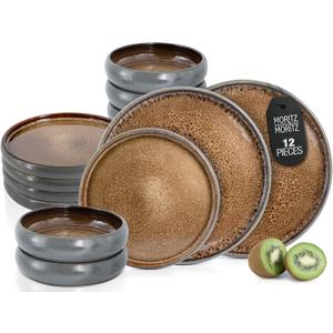 Solid 12-Piece Stoneware Dinnerware Set for 4 | Plate and Bowls Set with 4 Dinner Plates, Small Dessert Plates & Soup Bowls  Kitchen Dish Sets, Microwave & Dishwasher Safe, Brown