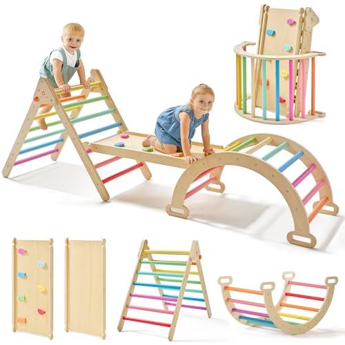 Tiny Land Pikler Triangle Set, 7-in-1 Foldable Pikler Triangle Climbing Toys Set for Kids,Baby Indoor Playground Jungle Gym, Wooden Montessori Climbing Set for Toddler (Sky Blue)