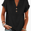 ANRABESS Womens Short Sleeve Henley Tops V Neck Dressy Casual Blouses Summer Trendy Tee Shirts 2025 Vacation Fashion Clothes, Black, XL