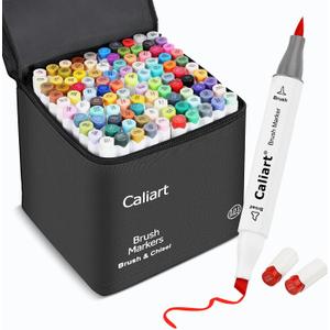 Caliart 101 Colors Alcohol Markers Brush Tip, Dual Tip Brush & Chisel Permanent Art Markers for Adult Coloring Books, Drawing, Sketching, Illustration, with Carrying Case for Artists & Beginners