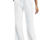 SEVEGO Tall Women Casual Linen Pants 30"/32"/34"/36" Inseam Drawstring Smocked Waist Beach Summer Trousers with Pockets (Large, White)