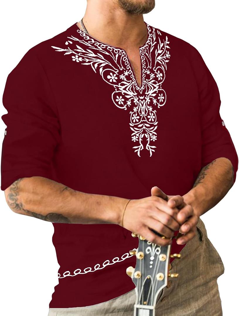 JoZorro Men's Polyester Linen V Neck Henley Shirt Long Sleeve Caftan Handmade Tunic Embroidered Casual Beach T Shirts (X-Large)
