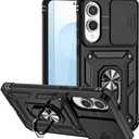 For Samsung Galaxy S25 Edge Case, Rubber Bumper Hard Plastic Phone Case with [Sliding Camera Lens Cover] [360 Rotatable Kickstand Ring] [HD Screen Protector] for Samsung Galaxy S25 Edge Black