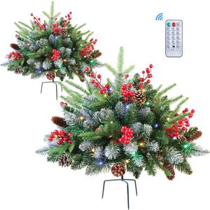 Set of 2 18 Inch Lighted Outdoor Christmas Tree with Remote, Timer, Multi-Color Lights, Battery Operated Pre-lit Pathway Urn Filler, Christmas Porch Decorations for Home, Porch & Yard