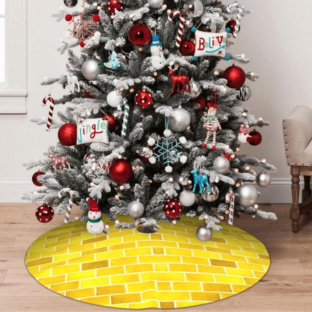 Yellow Brick Christmas Tree Skirt 36 Inch Mat Funny Party Holiday Festive Decor Supplies for Home Occasion Ornament Decorations