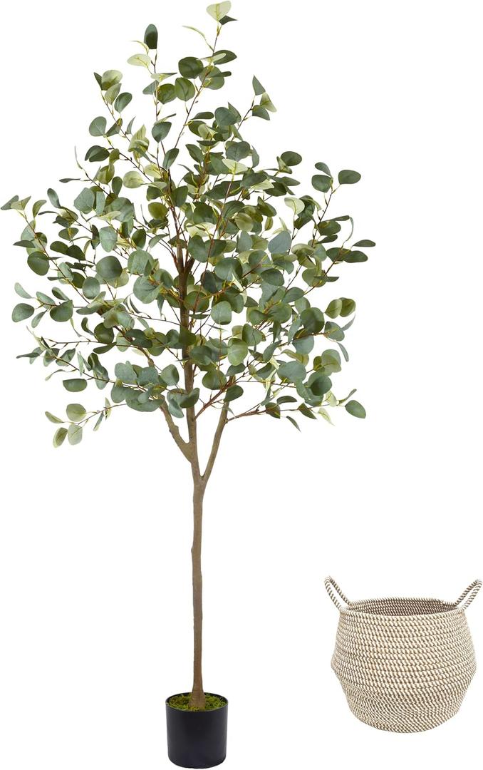 Warmplants Artificial Eucalyptus Tree, 6ft Tall Fake Eucalyptus Plant with Basket, Green Silver Dollars Silk Leaves Faux Tree for Home Office Livingroom Floor Decor Indoor