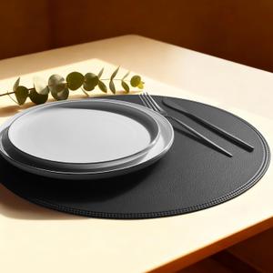 Round Vinyl Black Placemats Set of 6, Faux Leather Waterproof Wipeable Heat Resistant Place Mats, Washable Table Mats for Halloween, Thanksgiving & Christmas Dinner(Black), 15''X15''