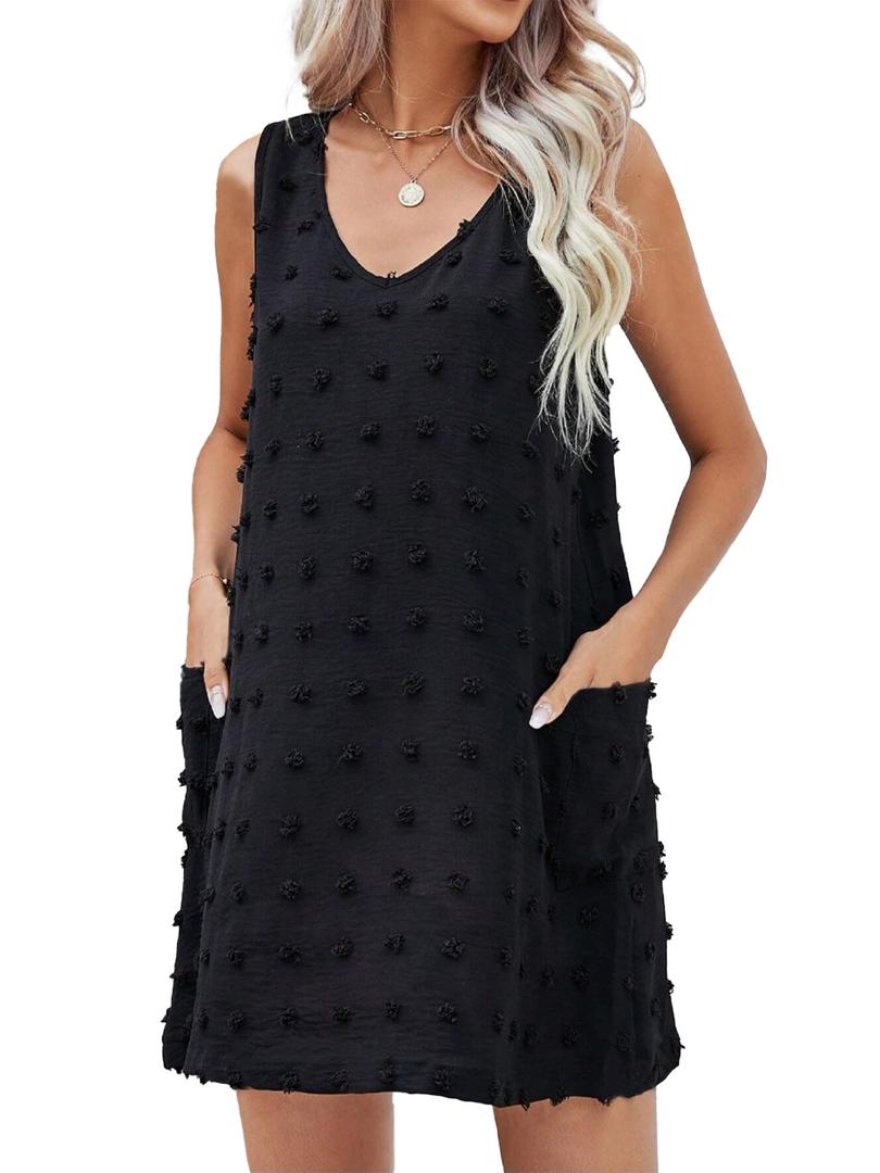 Moss Rose Beach Vacation Clothes for Women Sundresses Swiss Polka Dot Beach Cover Up V Neck Tank Dress with Pockets Black (Black)