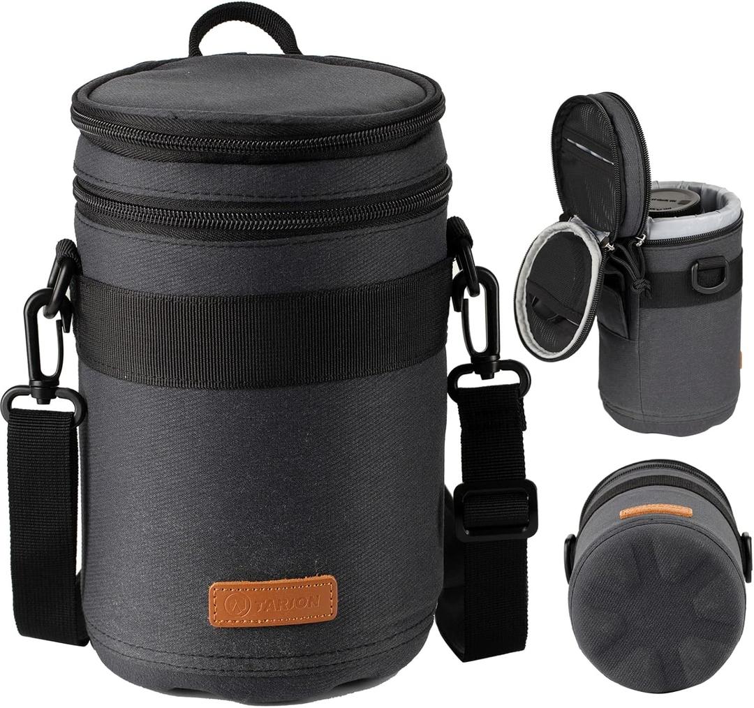 TARION Pro Camera Lens Case Hard Case Camera Lens Pouch Padded Camera Lens Bag Shockproof Lens Carry Case with Shoulder Strap for DSLR SLR Lens Camera Lens Storage Bag Black Size Large 3.7x5.3 inches