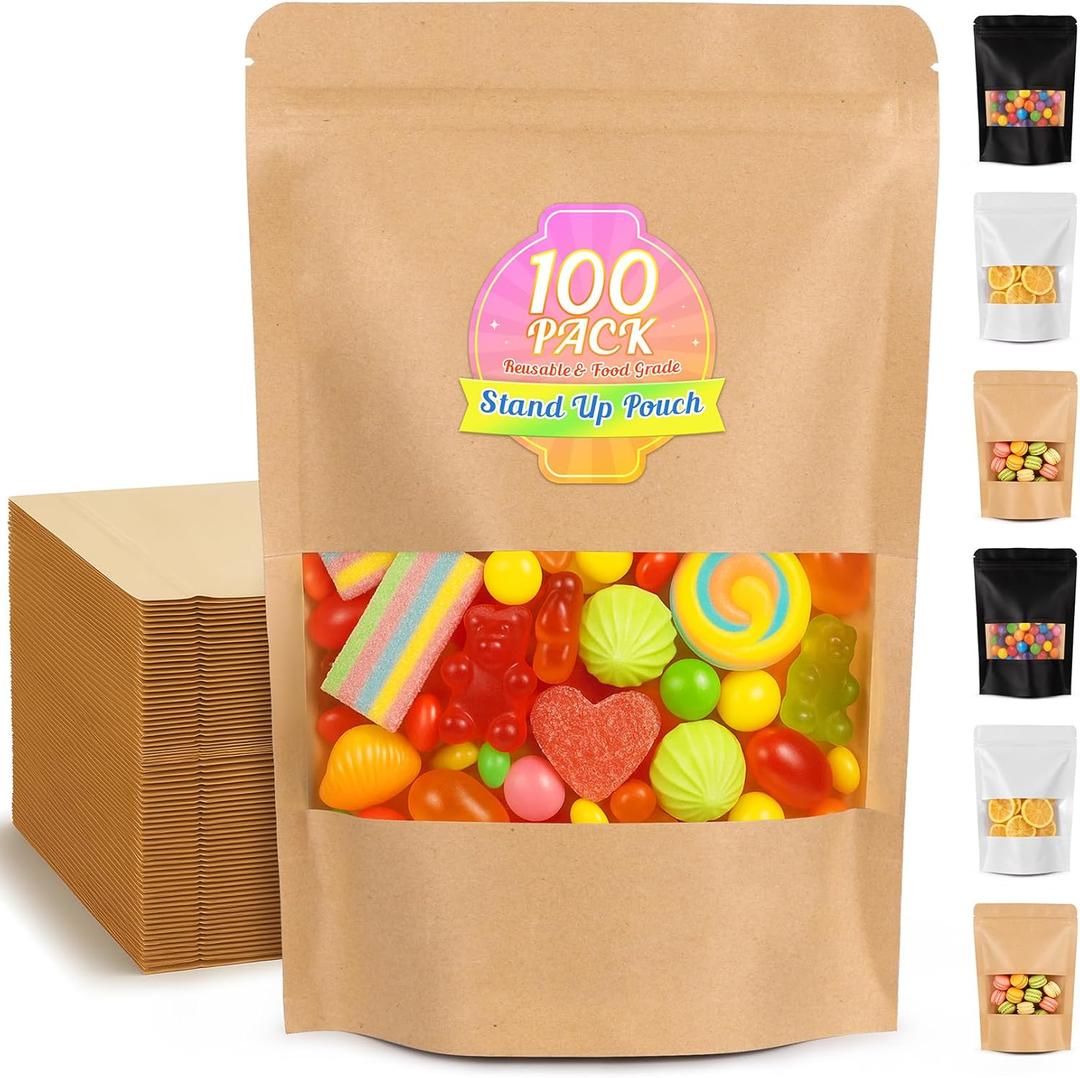 Food Bags 100 Pack Granola Trail Mix Bags Sealed Bag with Window Resealable Stand Up Pouches Wax Melt Candy Bar Tea Packaging Beef Jerky Chip Bag Bolsas Para Carne Seca (4x6 In, Yellow)