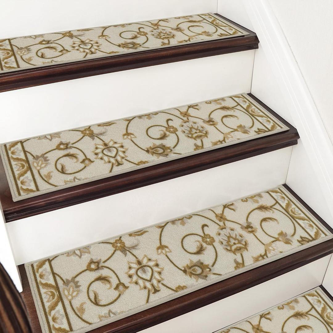 COSY HOMEER-Stair-Treads-for-Wooden-Steps Washable Indoor Stair Treads Non Slip 8" X 30" Soft Stair Carpet Treads Reusable Peel and Stick Stair Runner Rug for Kids, Elders and Pets 15pcs (Taupe/Brown)