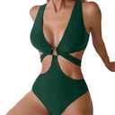 Women's Deep V Neck One Piece Swimsuit O-Ring Swimwear Sexy Cut Out Bathing Suit (Army Green, Size L)
