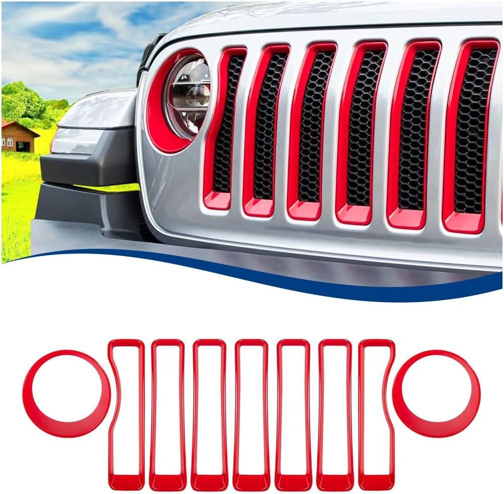 Front Grille Inserts & Headlight Cover Compatible with (2018-2023) Jeep Wrangler JL JLU (Red, Sport/Sport S)