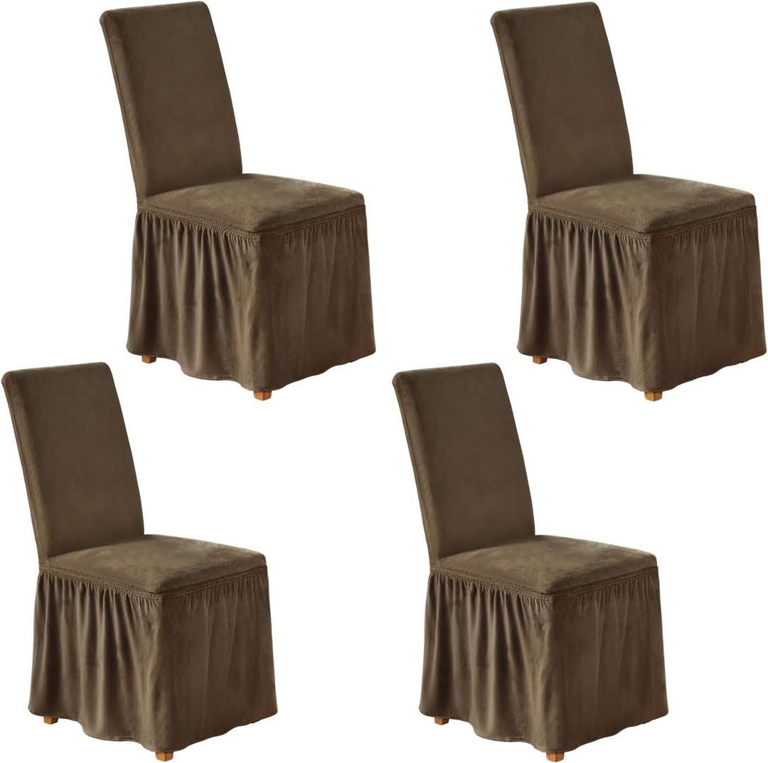 NICEEC Spandex Chair Covers for Dining Chairs Covers Set of 4 Removable Dining Room Chair Covers with Skirt Parson Chair Slipcovers Washable Chair Protector for Kitchen Wedding Party Banquet(Brown)