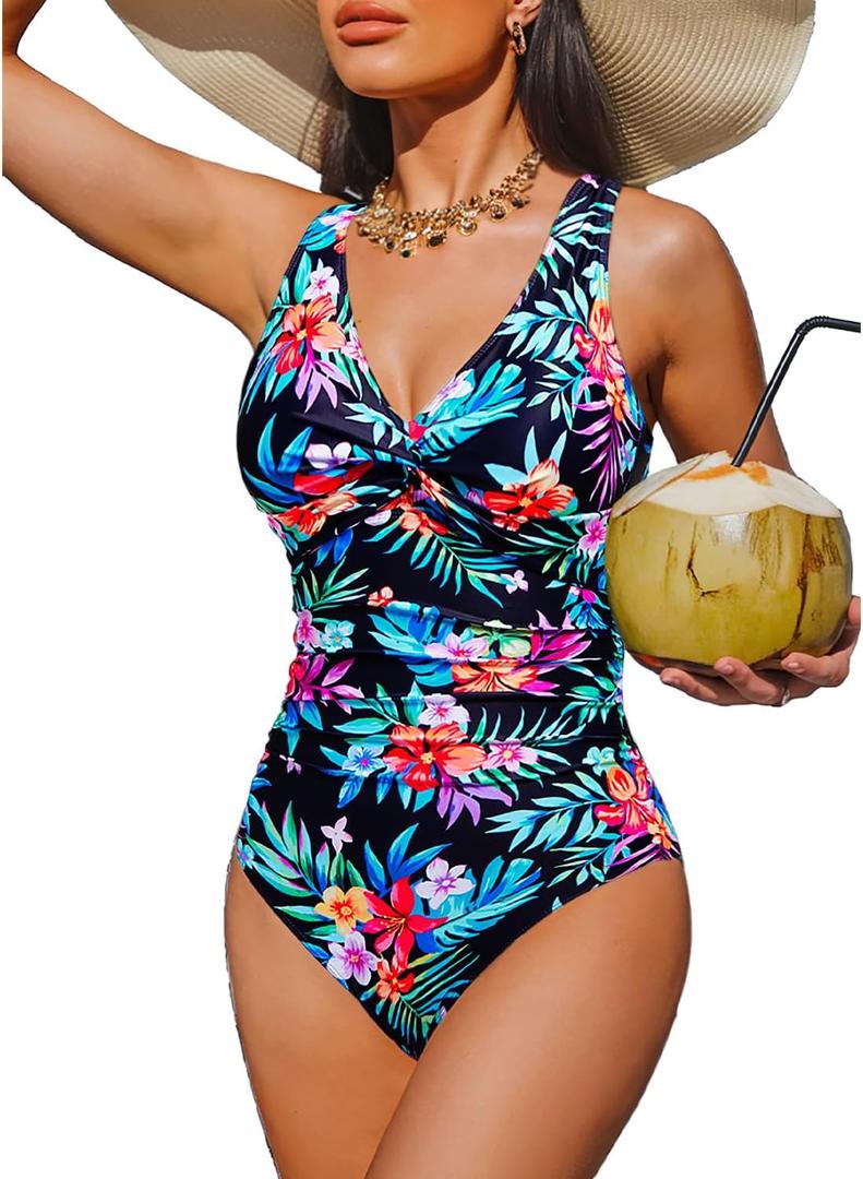 Holipick Women Tummy Control One Piece Swimsuit - Push Up Bathing Suit Full Coverage Slimming Swimwear (Black, M)