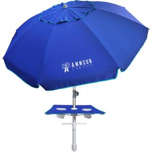AMMSUN 7ft Heavy Duty High Wind Beach Umbrella with sand anchor, Built-in Table Tray Vent Tilt Pole, UPF 50+ Windproof Portable Outdoor Umbrellas Carry Bag for Patio Garden Pool Backyard Navy