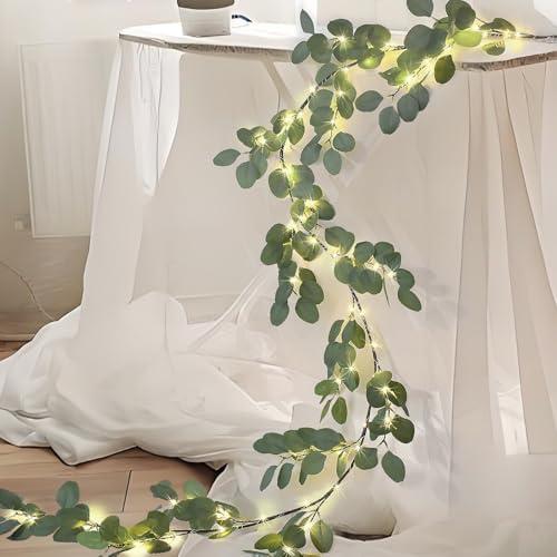 6.56FT Eucalyptus Garland with Lights 96 LEDs 8 Modes Battery Operated with Timer Faux Twig Vine Lights Spring Greenery Garlands for Mantle Fireplace Wall Table Stairs Wedding Party Bedroom Home Decor