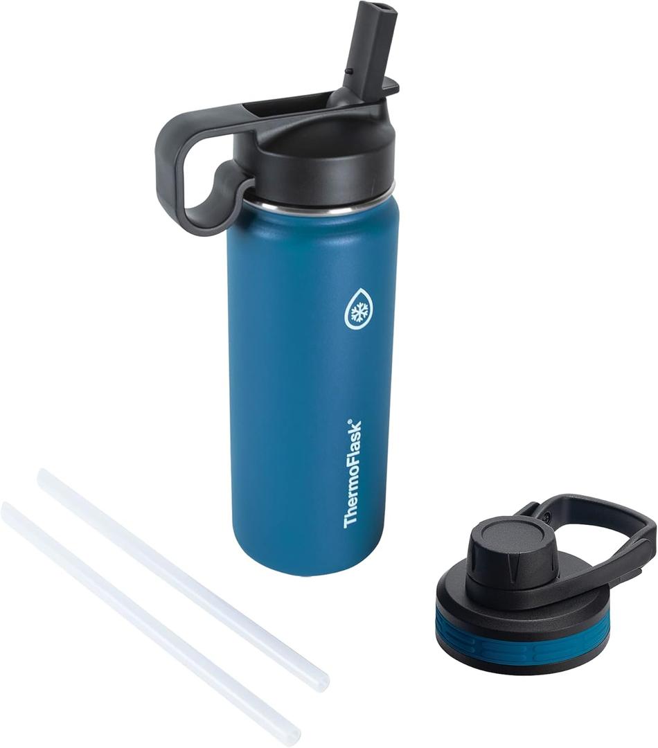 ThermoFlask Bottle with Chug Lid & Straw Lid - Insulated Stainless Steel Water Bottle with Leak-Proof Lids - Dishwasher-Safe Reusable Bottle & Lids - Durable Bottle, 2 Straws & 2 Lids - 18 oz, Cobalt