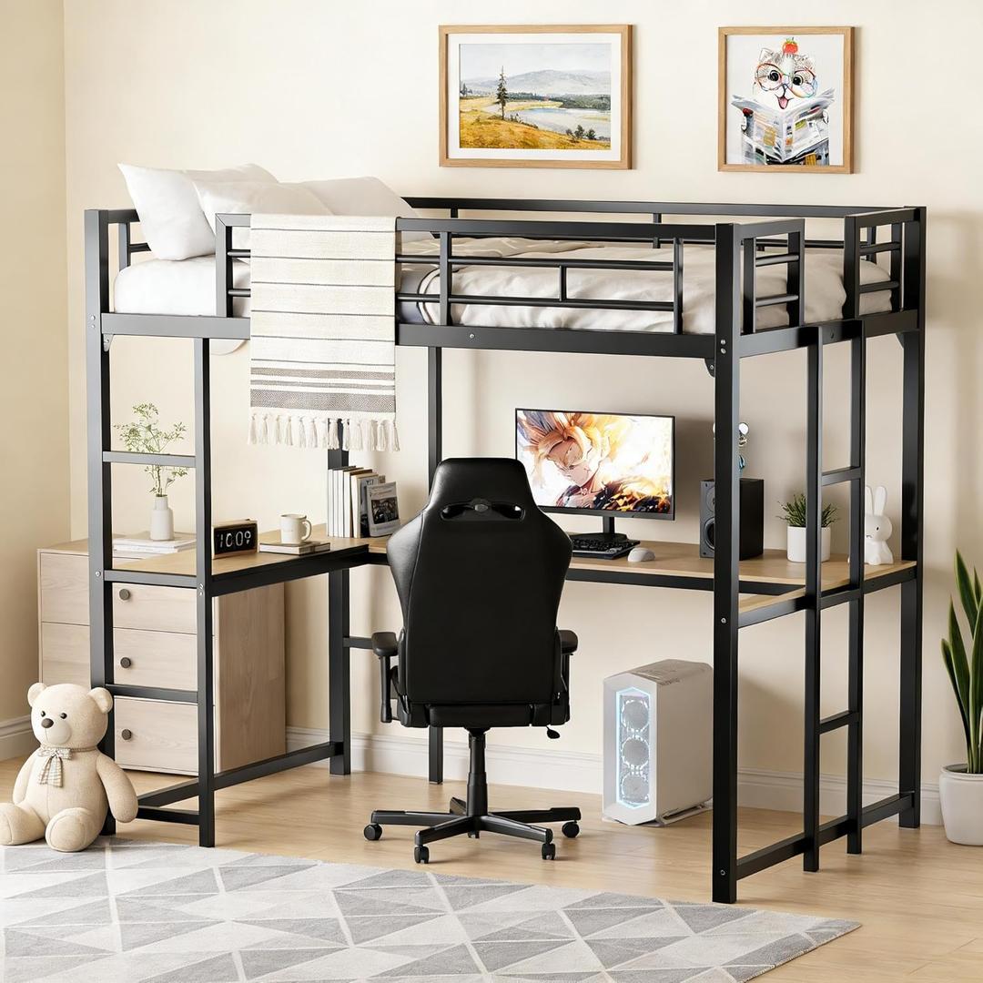Full Size Loft Bed with Desk and Shelves, Metal Loft Bed with Ladder and Guardrails, Loft Bed Frame for Bedroom, Black