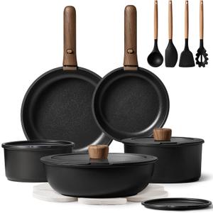 CAROTE 19pcs Pots and Pans Non Stick, Cookware Sets Detachable Handle, Induction Kitchen Pots and Pans,NonStick Cooking Set, Oven/Dishwasher/Fridge Safe, Space Saving (Black)