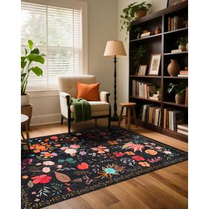 Boho Washable Area Rug 4x6  Floral Low Pile Non-Slip Carpet for Living Room, Bedroom, Office, Playroom, Entryway, Kitchen, Dining Room (Black)