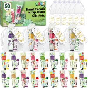 AZEN 50 Sets Hand Cream and Lip Balm Set with Organza Bag Thank You Card, Baby Shower Wedding Gifts for Guests, Bridal Souvenirs for Colleagues Employee Coworkers, Party Favor for Female Friends (B-50Set)