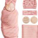 AQOKKA Newborn Receiving Blanket with Bow Hat Headband Wooden Card Set Wheat-Pattern Newborns Toddler Baby Boy Girl Nursery Swaddle Wrap
