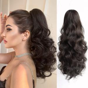 Wavy Ponytail Extension Claw Clip for Black Women 16" Synthetic Curly Clips in Pony Tails Hair Extensions Wigs Fluffy Heat Resistant Hairpieces for Wedding Party Daily Use 6 Oz Darkest Brown